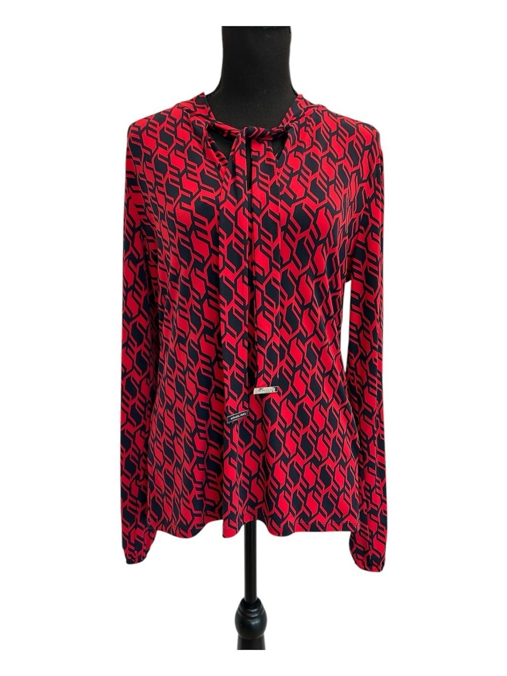 Michael Kors Red & Navy Geometric Tie-Neck Blouse long sleeve Sz M NWOT classy